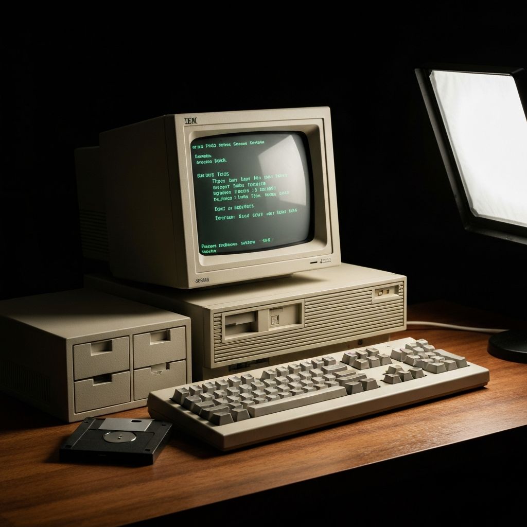 Vintage 1980s IBM Personal Computer on a wooden desk, black and white